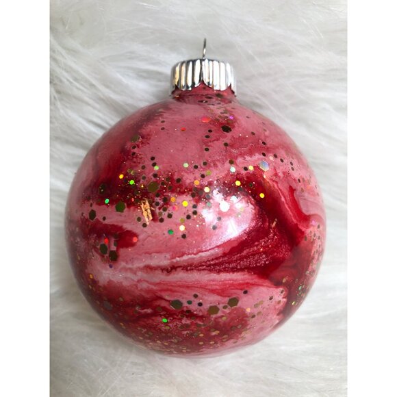 Christmas Ornament Red & Pink Swirl Globe Hand-Painted Marbled Glitter - Picture 3 of 8